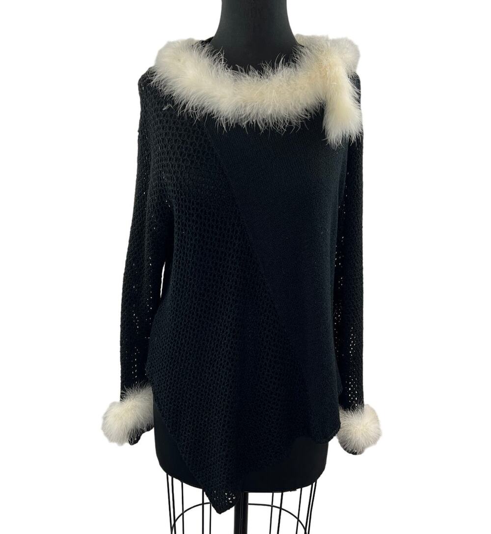 TERA BORA Black Long Sleeve Faux Fur Trim Open Knit Asymmetric Sweater Tunic 2